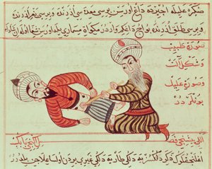 Ms Sup Turc 693 fol.95 Punção cirúrgica da cavidade abdominal da aspiração de líquido peritoneal com uma cânula em paciente portador de hidropisia, 1466